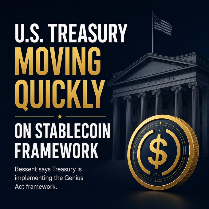 A graphic features the U.S. Treasury Department building with an American flag alongside a gold stablecoin, accompanied by the headline "U.S. TREASURY MOVING QUICKLY ON STABLECOIN FRAMEWORK" and a subtitle noting Bessent's update on implementing the Genius Act. The image visually reinforces the post's message about the Treasury's rapid progress in establishing clearer regulations for the U.S. stablecoin market.