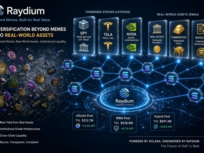 A promotional graphic for Raydium showcasing tokenized stocks (xStocks) like SPY, TSLA, NVDA and real-world assets (RWAs), highlighting pool TVLs ($312.7M xStocks, $528.6M RWA, $841.3M Hybrid) and noting it's "POWERED BY SOLANA."