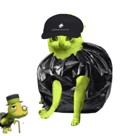A digitally manipulated image shows a yellow cat wearing a black 'ETHW' baseball cap and a black garbage bag outfit, with a smaller frog-like figure beside it.