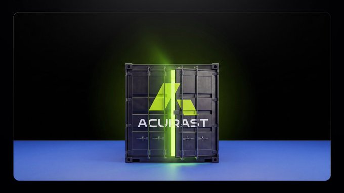 A futuristic dark server-like container displays the green 'ACURAST' logo with light beams emanating from its center against a black background.