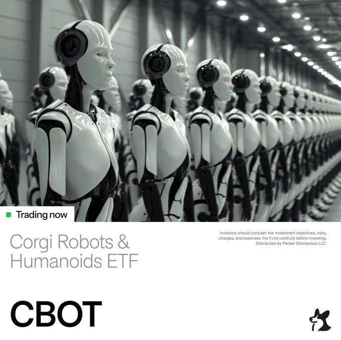 A promotional image for the 'Corgi Robots & Humanoids ETF' (CBOT) showing rows of white humanoid robots in a factory setting, with a green 'Trading now' indicator and a small corgi logo.
