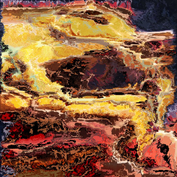 An abstract digital artwork or painting with bold strokes of yellow, orange, red, and black.