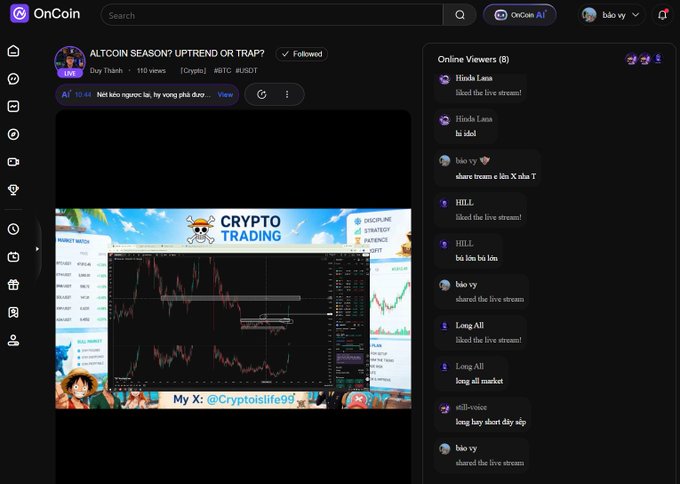 A livestream titled "ALTCOIN SEASON? UPTREND OR TRAP?" hosted by Duy Thành on OnCoin shows a crypto trading chart (BTC/USDT) with 116 views, accompanied by an online viewers panel featuring 8 active participants including "Hinds Lana" and "Long All" — illustrating the post's point about a dedicated crypto-focused livestreaming platform.