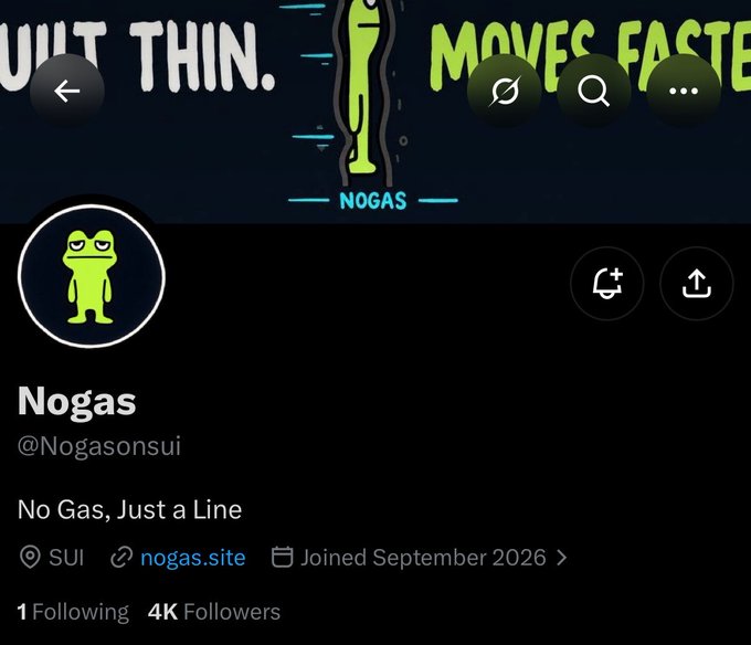 A screenshot of the X profile for “Nogas” (@Nogasonsui), with a green frog avatar and text reading “No Gas, Just a Line,” a link to “nugas.site,” and “1 Following / 4K Followers.” The profile branding supports the post’s promotion of the $NOGAS token launch on Blast, highlighted by the “NOGAS” frog logo and slogan “NO GAS — JUST A LINE.”