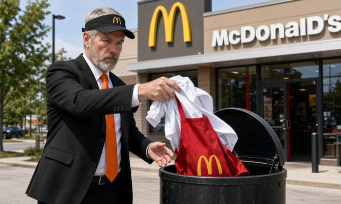 Michael Saylor, wearing a McDonald's visor and tie, dumps a McDonald's branded uniform into a trash can outside a McDonald's restaurant, symbolizing his departure from the traditional fast-food economy after Bitcoin surged above his $75.4k average purchase price. The "McDonald's" sign and golden arches are clearly visible in the background.
