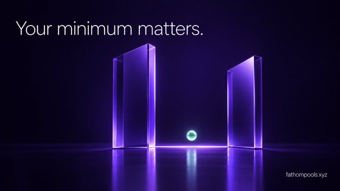 A digital artwork featuring a glowing green orb between two purple illuminated pillars with the text 'Your minimum matters.' and the website 'fathompools.xyz'.