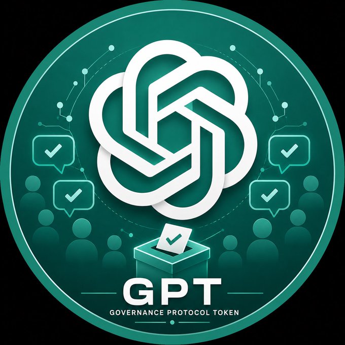 A circular teal emblem features the iconic ChatGPT-style interlocking flower logo at its center, surrounded by chat bubbles with checkmarks and silhouettes of people, symbolizing community voting. Below, a ballot box with a checkmark sits above the text "GPT - Governance Protocol Token," visually representing the post's message of a community-driven, transparent governance experiment where token holders propose and vote on decisions.