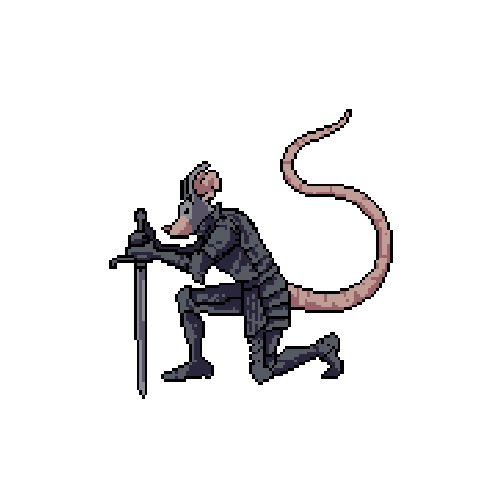 Pixel art illustration of an armored mouse or rat knight kneeling on one knee while holding a sword upright.