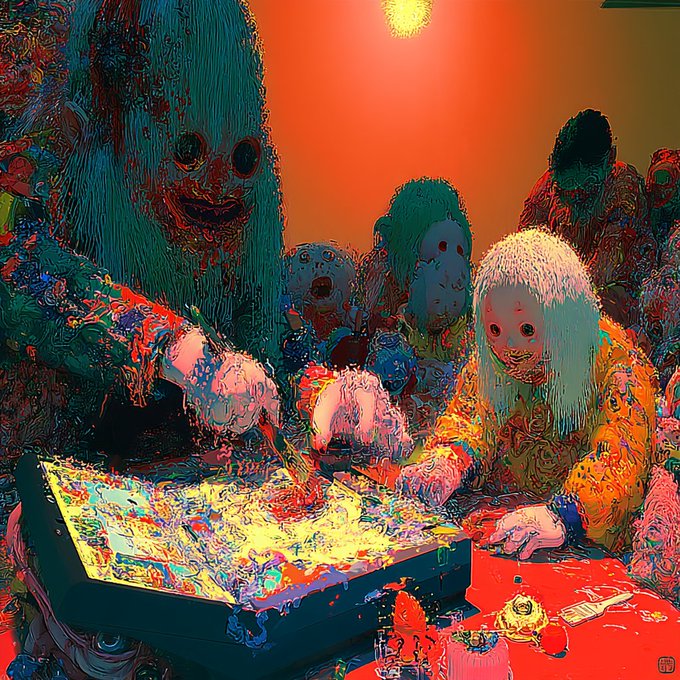A surreal, heavily stylized artwork depicts grotesque, distorted figures with unsettling smiles huddled around a tray covered in dripping, abstract paint under an eerie warm glow.