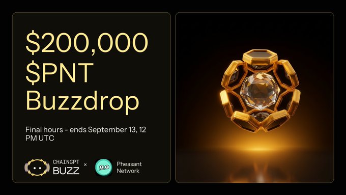 A promotional graphic announces the "$200,000 $PNT Buzzdrop" with text stating "Final hours – ends September 13, 12 PM UTC," accompanied by logos for ChainGPT Buzz and Pheasant Network alongside a glowing golden geometric crystal. The image visually reinforces the accompanying post's final call for participation in the PNT token distribution on ChainGPT Pad before the deadline.