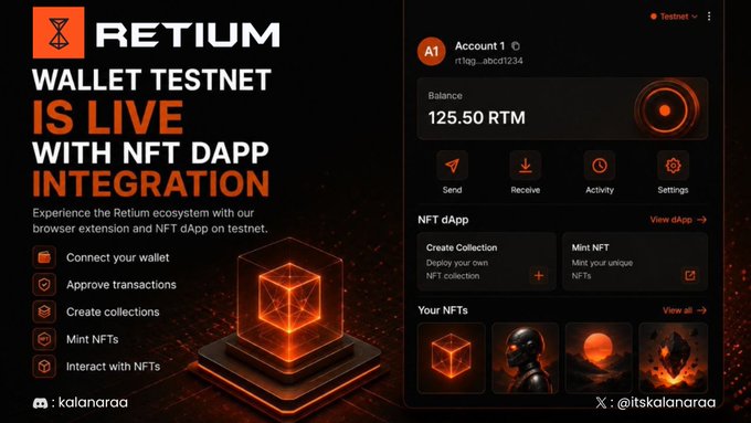 A promotional graphic announcing 'RETIUM WALLET TESTNET IS LIVE WITH NFT DAPP INTEGRATION', featuring the Retium ecosystem interface with balance of 125.50 RTM and NFT collection features.