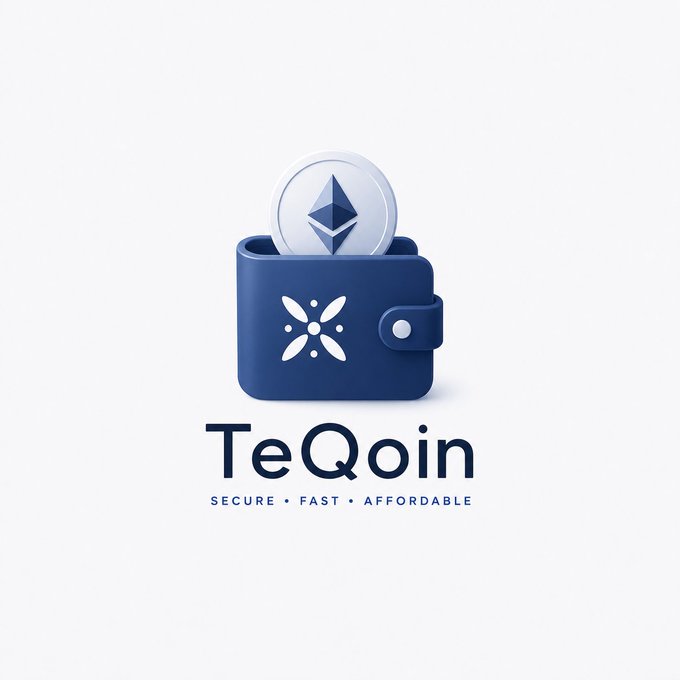 A 3D-rendered navy blue wallet with a white snowflake-like emblem holds a silver Ethereum (ETH) coin, branded "TeQoin" with the tagline "SECURE • FAST • AFFORDABLE." The image visually reinforces the post's message about Sarah's frustration with high Ethereum gas fees—symbolizing how TeQoin aims to offer a more affordable alternative for everyday crypto transactions.