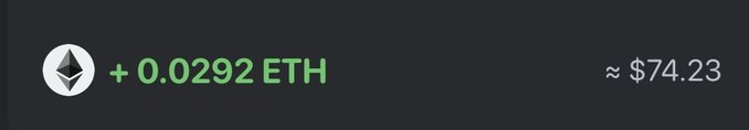 An image showing a crypto wallet notification displaying a recent earnings update: "+0.0292 ETH (≈ $74.23)" next to an Ethereum logo, representing the claimable rewards from the first epoch of staking as referenced in the post about NFT purchases.