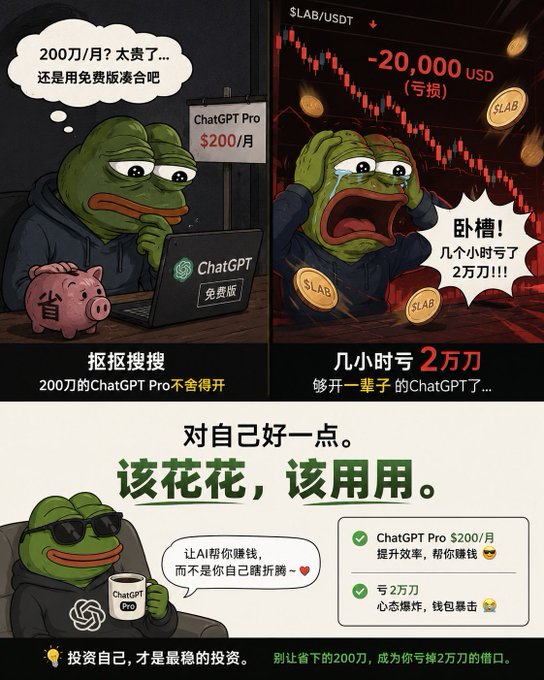 The image features a cartoon frog sitting at a desk with a laptop, surrounded by various coins scattered around him. The frog appears to be using the laptop while holding a cup of coffee. In the background, there are two more cartoon frogs, one in a sad expression and another in an excited one. These additional frogs appear to be engaged in different activities or conversations related to the post about chatgpt pro.