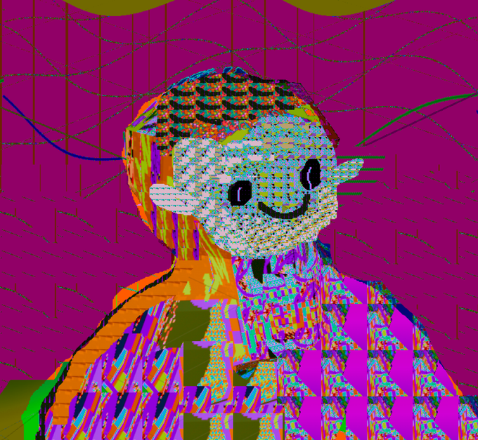 A glitchy, pixelated artwork featuring a stylized character with a smiley face against a magenta background with web-like patterns, rendered in distorted, colorful digital noise.
