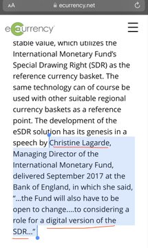 A mobile screenshot from ecurrency.net shows highlighted text discussing the IMF's Special Drawing Right (SDR) and a speech by Christine Lagarde, Managing Director of the International Monetary Fund, delivered in September 2017.