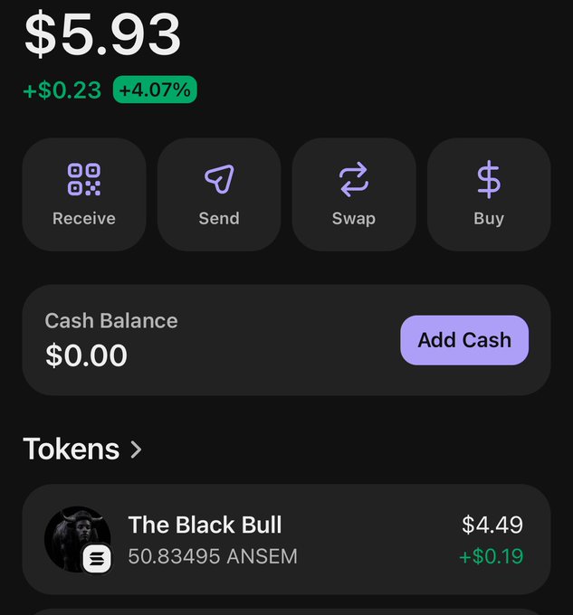A mobile wallet interface showing a balance of $5.93 (+4.07%), with options to Receive, Send, Swap, and Buy, and a token holding called 'The Black Bull' (ANSEM) valued at $4.49.