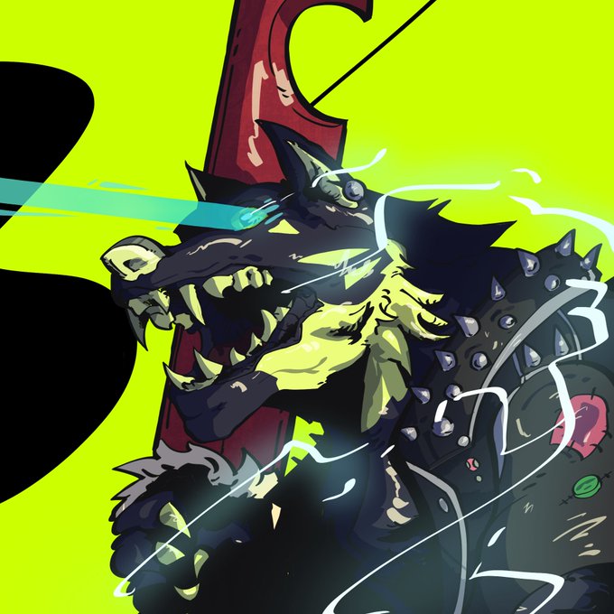 This image depicts a fierce wolf-like creature with glowing eyes, a large sword, and spiked armor, likely representing the "FANG" from the accompanying mint announcement. The neon green background and stylized art are consistent with digital art or NFT promotions.