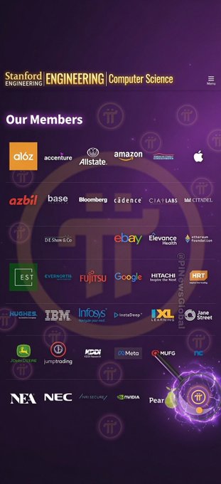 The image displays a Stanford Engineering Computer Science "Our Members" page featuring logos of prominent tech companies including Google, Apple, Amazon, IBM, Intel, Meta, eBay, and Disney. The accompanying post about Pi Network's Ecosystem Directory Staking relates to the image as it appears to showcase the kind of established corporate ecosystem that Pi Network aspires to build, suggesting that trusted applications can be supported through staking—though notably, Pi Network itself is not listed among these member companies.