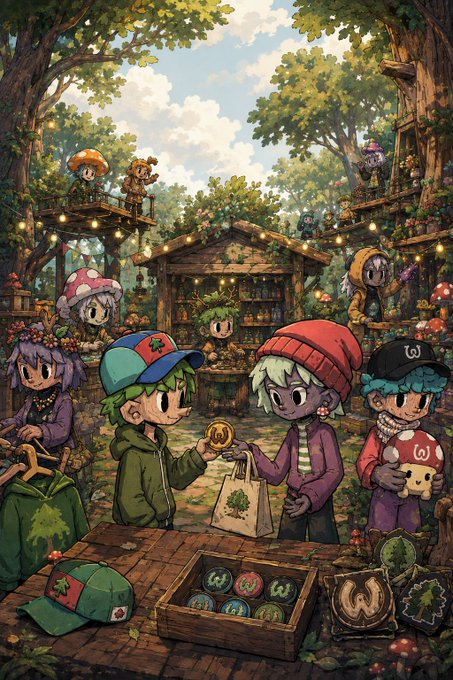 A whimsical illustration of chibi-style characters in a forest marketplace, exchanging a glowing token between two figures while surrounded by mushroom-themed characters, treehouse stalls, string lights, and wooden crates of merchandise.