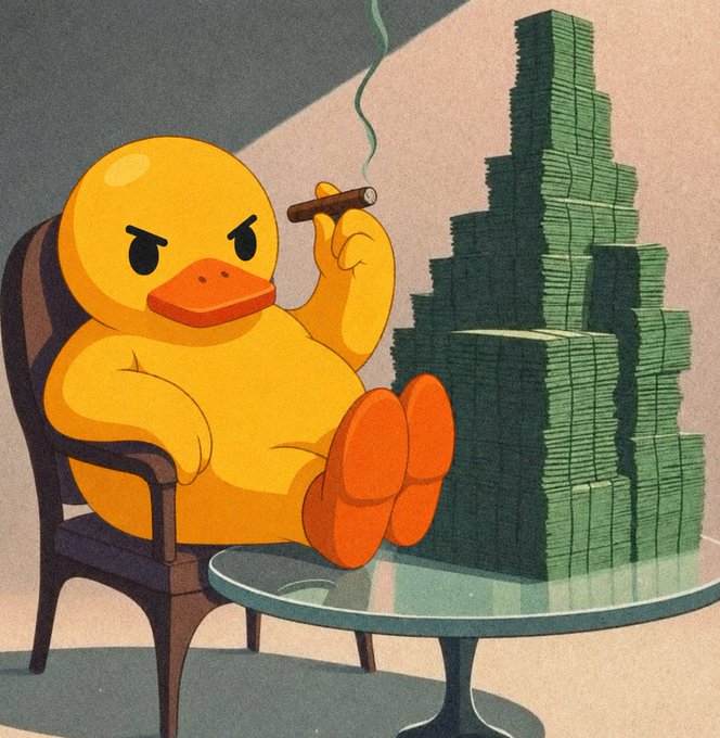 A cartoon-style illustration of an angry yellow rubber duck wearing an earring, smoking a cigar while lounging next to a large pile of green cash on a glass table.