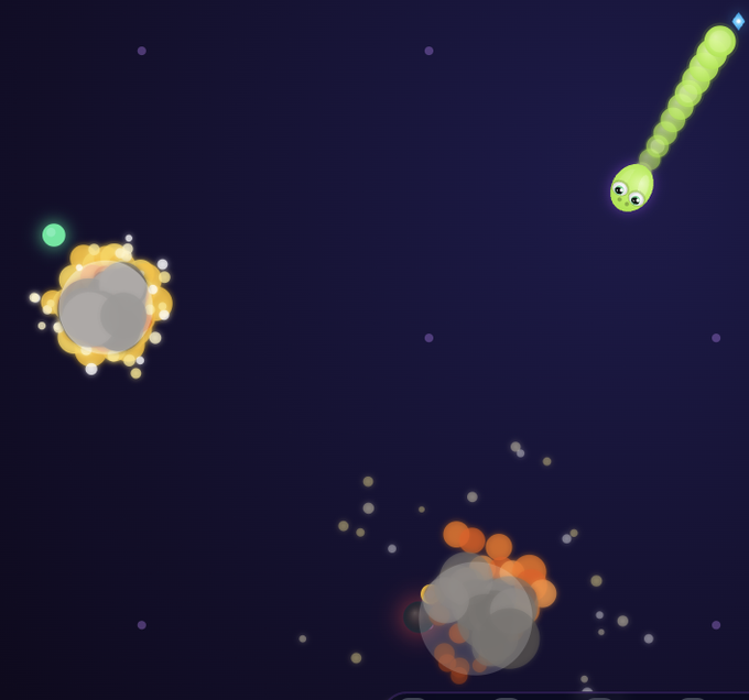 The image features a game called "ChainPot" with two snakes, one green and one yellow, floating in space against a dark blue background. The green snake appears to be chasing or trying to eat the yellow snake. There are also explosions happening around them, adding to the intensity of the scene. The post is about a video game that involves real-time multiplayer gameplay where players have to outmaneuver their opponents and climb leaderboards to claim victory.