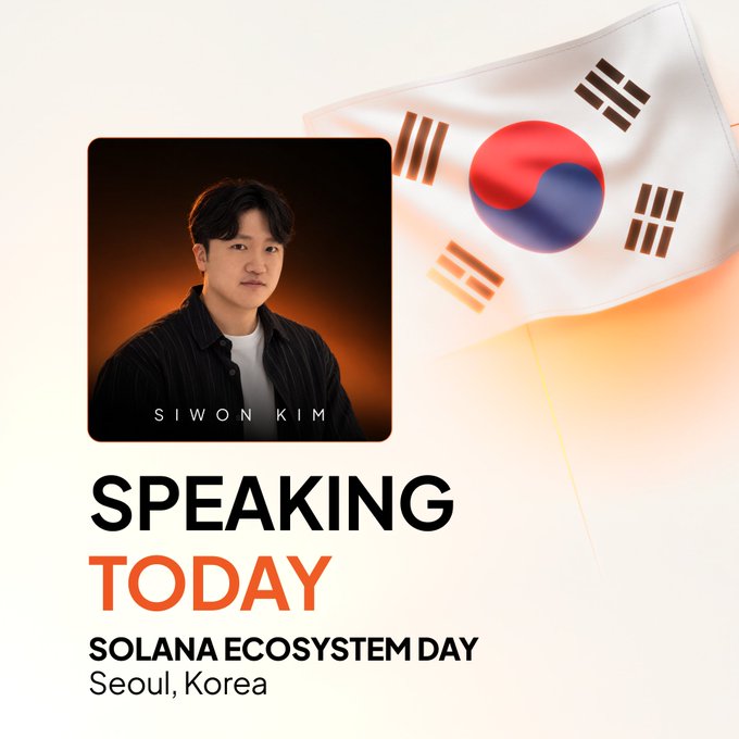 A promotional graphic announcing 'SIWON KIM SPEAKING TODAY' at the Solana Ecosystem Day in Seoul, Korea, featuring his portrait and a South Korean flag.