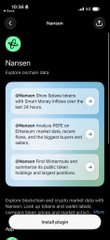 A mobile screenshot of an AI chat interface with 'Nansen' offering options to analyze Ethereum Story Staking and ETH price movements.