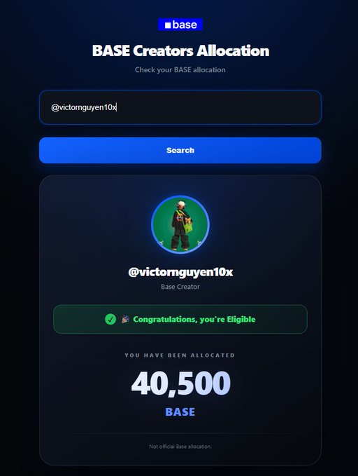 A dark-themed interface for the "BASE Creators Allocation" checker displays the username "@victorguyen10x" with a green "Congratulations, you're Eligible" banner and a prominent allocation of **40,500 BASE**. The screenshot illustrates the tool referenced in the post, which allows users to paste their X (Twitter) handle and instantly view their token allocation.