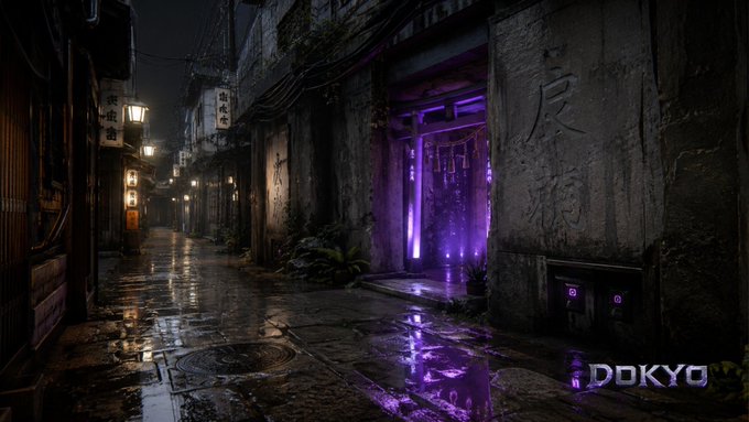 A dark, atmospheric alleyway scene with neon purple lighting and Asian-style signage, watermarked 'DOKYO' in the corner.