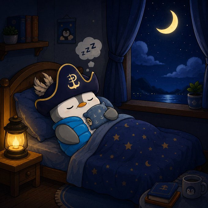 A cartoon illustration shows a penguin wearing a pirate hat with a Bitcoin 'B' logo sleeping in a star-patterned bed under a crescent moon, with a lantern on the nightstand.