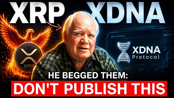 A YouTube-style thumbnail featuring XRP and XDNA Protocol with a phoenix and DNA graphic, an older man in the center, and bold text reading 'HE BEGGED THEM: DON'T PUBLISH THIS'.