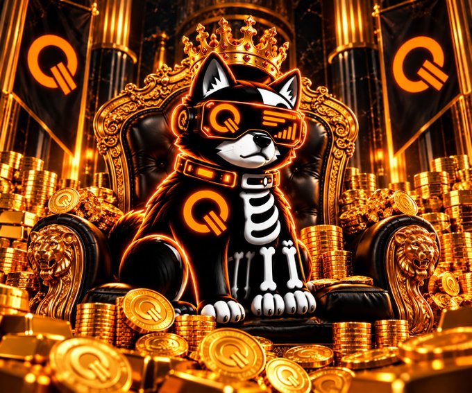 A stylized illustration of a husky dog wearing a crown, VR headset, and a bone-patterned hoodie, sitting on a golden throne surrounded by stacks of coins bearing a 'Q' logo.