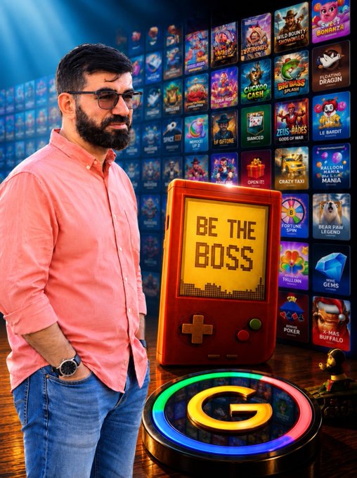 A bearded man in a pink shirt stands confidently beside a large retro-styled handheld gaming device displaying "BE THE BOSS," with a glowing "G" coin token in the foreground and a vibrant backdrop of various game icons. The image promotes "$G COIN," a Web3 gaming utility token, visually reinforcing the message of owning the future of gaming.