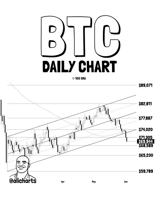 The image features a chart depicting Bitcoin trading for various dates throughout the year, including the price and volume of Bitcoin transactions. The chart displays an upward trend in Bitcoin value, with Bitcoin reaching $69.30 at one point but then dropping below several major support levels. This downward trend indicates that the market sentiment is currently unfavorable towards Bitcoin. The post related to this chart talks about how Bitcoin trading has been affected by recent events and warns of further dropdowns in price due to external factors like increased regulatory restrictions or a shift in consumer sentiment.