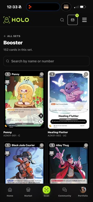 A screenshot of the HOLO app showing the 'Booster' card set (152 cards) with visible cards including Penny, Healing Flutter, Black Jade Courier, and Alley Thug.