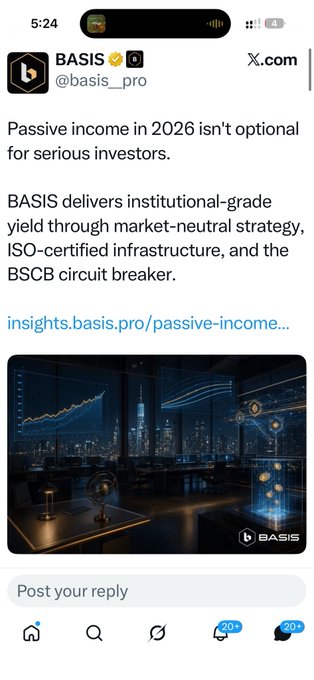 A tweet from @basis_pro on X.com advertises passive income in 2026, highlighting 'market-neutral strategy,' 'ISO-certified infrastructure,' and 'BSCB circuit breaker,' alongside an image of a futuristic trading dashboard.