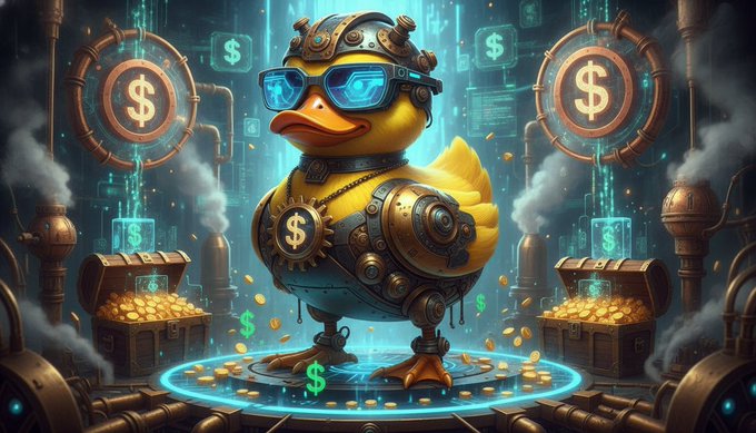 The image features a cartoon duck wearing glasses, standing on a platform with two large chests filled with gold coins behind him. The ducks' feet are raised high above the ground as if they're floating. The background of the image includes various elements such as pipes, gears, and other machinery that contribute to the overall industrial theme.

The post emphasizes the importance of protocol revenue in a bear market for DEXs (DEX Trading) users. It highlights how integrating @wallchain can change the game by protecting users from lost slippage and ensuring sustainable yield. The image also mentions capturing lost slippage as an essential aspect of successful trading strategies, which is relevant to the post's content.