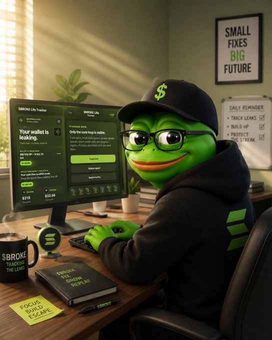 A 3D-rendered green Pepe the Frog character wearing glasses, a black cap with a dollar sign, and a hoodie, sitting at a desk with a monitor displaying crypto wallet information, surrounded by motivational items like a 'SMALL FIXES BIG FUTURE' poster.