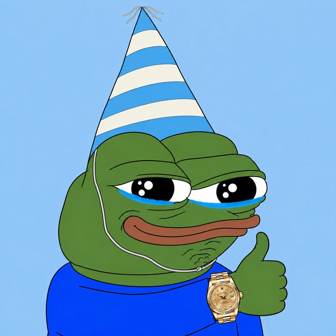 A digital illustration of the Pepe the Frog meme wearing a blue and white striped party hat and a blue shirt, giving a thumbs-up while sporting a gold watch.