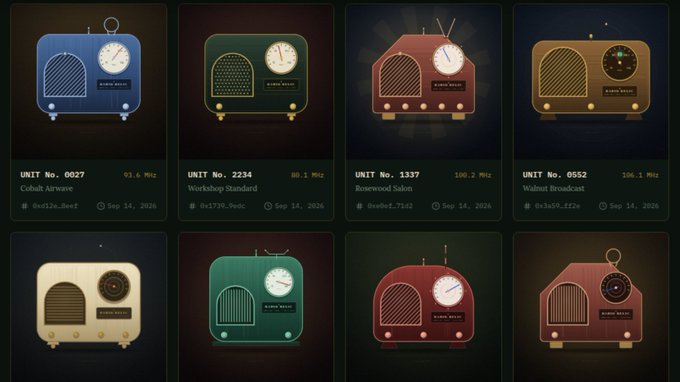 A digital interface displays a grid of eight vintage-style radio designs in various colors, each labeled with a unit number and broadcast frequency.