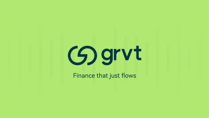 The image displays the GRVT logo on a bright green background, featuring a stylized circular icon next to the lowercase "grvt" wordmark, accompanied by the tagline "Finance that just flows." This branding visual represents the company whose $GRVT token launch and TGE date is being announced in the accompanying post.
