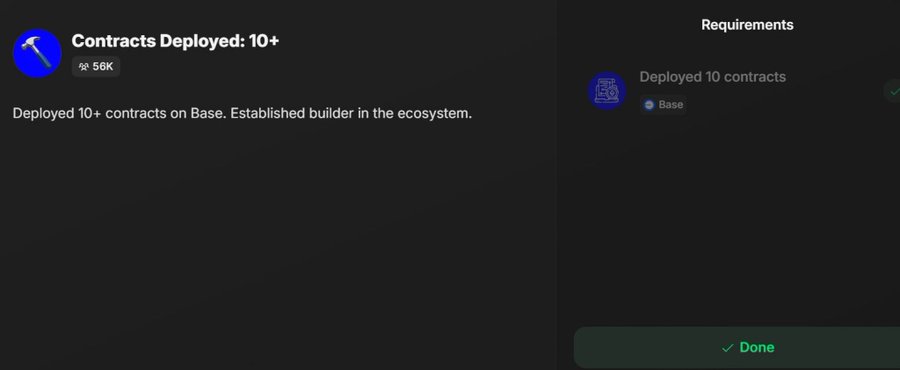 A Base Builder achievement screen displays "Contracts Deployed: 10+" with a "56K" counter, showing the requirement of deploying 10 contracts on Base marked as "Done," directly visualizing the top tier of Builder progress referenced in the post.