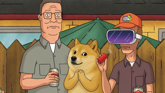A meme illustration featuring Hank Hill from King of the Hill, a Shiba Inu dog, and a man wearing a VR headset and Ball Park cap, in a backyard setting.