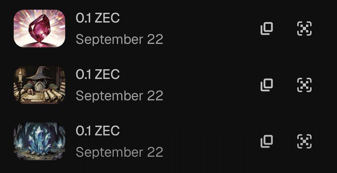 A list of three 0.1 ZEC cryptocurrency transaction entries all dated September 22, displayed with crystal/mining-themed icons on a dark interface.