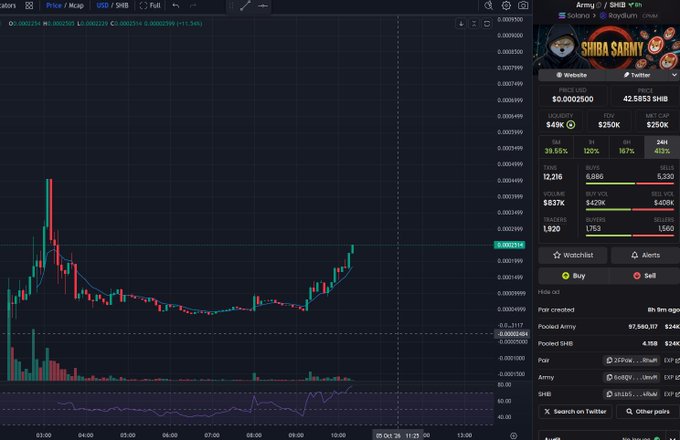 A cryptocurrency trading chart displays the SHIB/Shiba Inu price movement with candlestick patterns and trading metrics showing a price of 0.00002500 USD.