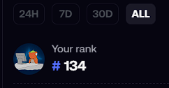 A rank display widget showing 'Your rank' at #134 with time period filters for 24H, 7D, 30D, and ALL.