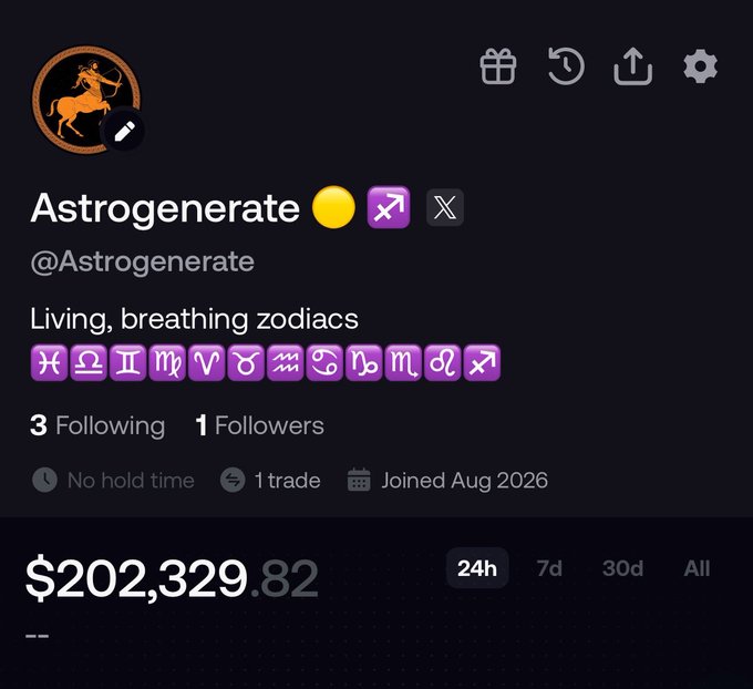 A profile screenshot of "Astrogenerate" (@Astrogenerate) on Fomo, tagged "Living, breathing zodiacs" with all twelve zodiac emojis displayed, showing a balance of $202,329.82, 1 follower, and joined August 2026—visually confirming the post's claim of a newly created profile holding over $200,000.