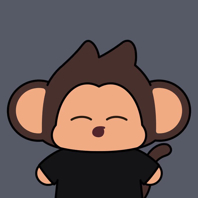A cartoon illustration of a cute monkey character with closed eyes and an open mouth, wearing a black shirt against a plain gray background.