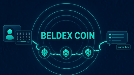 A dark blue graphic displaying 'BELDEX COIN' in teal text with icons representing user profiles, keyboards, and chat bubbles, alongside the website 'name.bdx'.